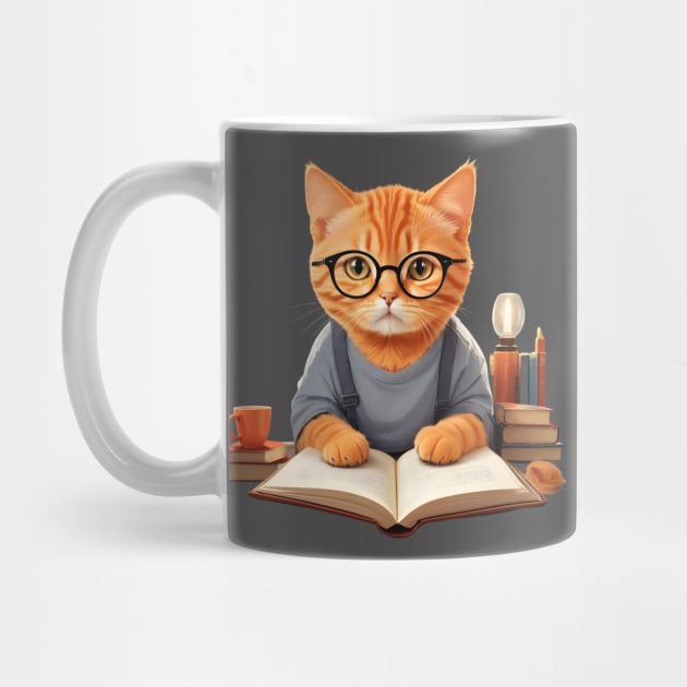 Nerd ginger cat reading book wearing glasses by Luckymoney8888